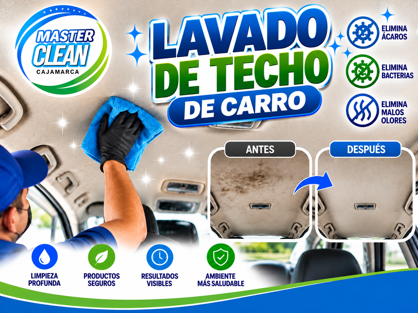 Limpieza del techo interior de un vehículo con paño de microfibra