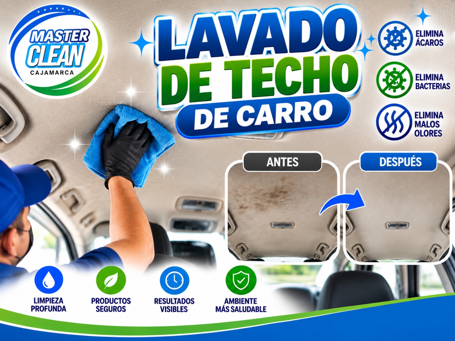 Limpieza del techo interior de un vehículo con paño de microfibra